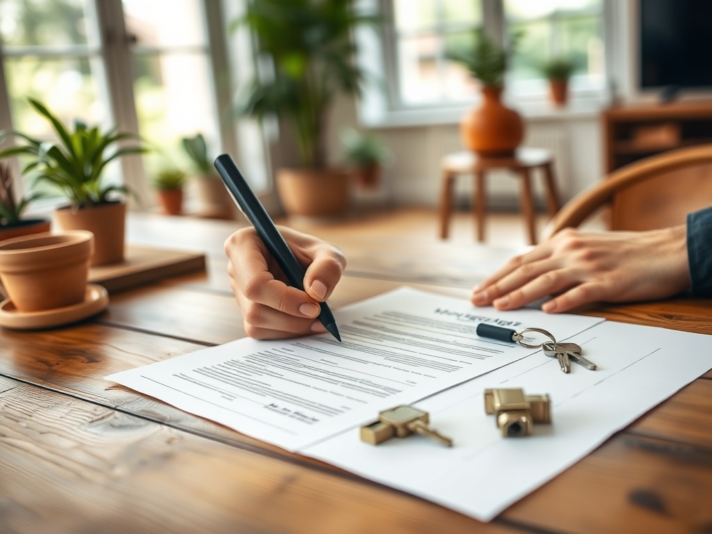 На столе лежат документы, ключи и паспорт. Человек подписывает бумаги в светлом интерьере.