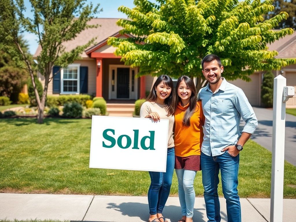 На фотографии три человека с табличкой "Продано" на фоне дома и зелёного дерева. Солнечный день.