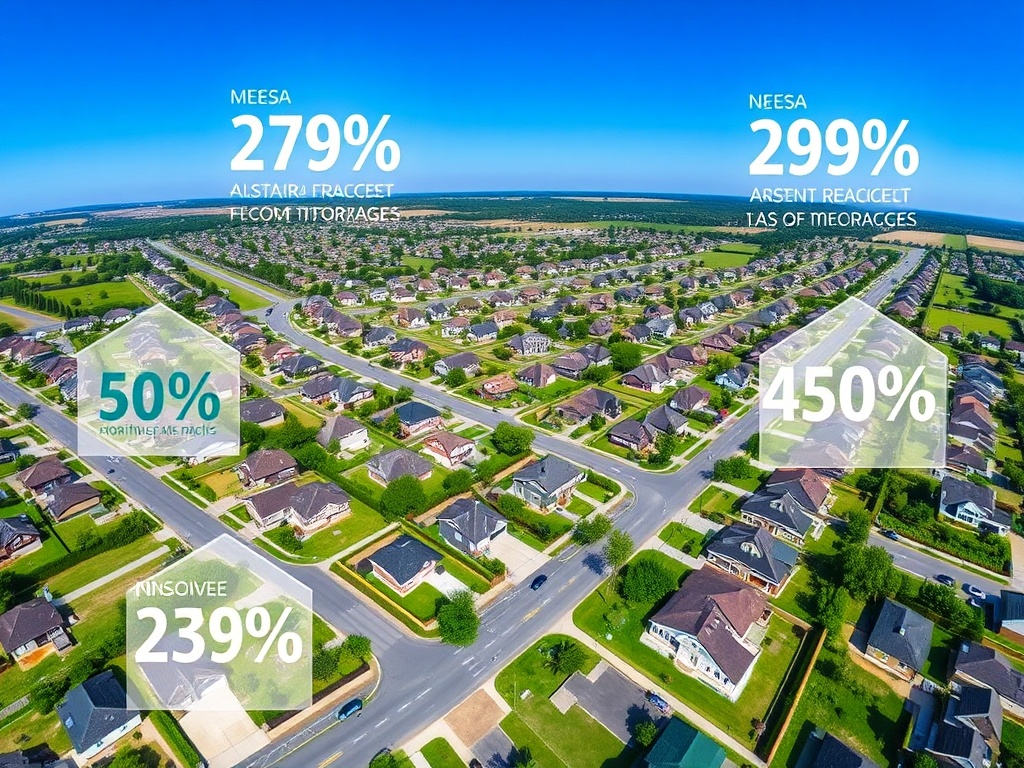 Аэрофотосъемка жилого района с процентами для различных показателей: Meesa 279%, Ninsovie 239%, Neesa 299%, 450%.
